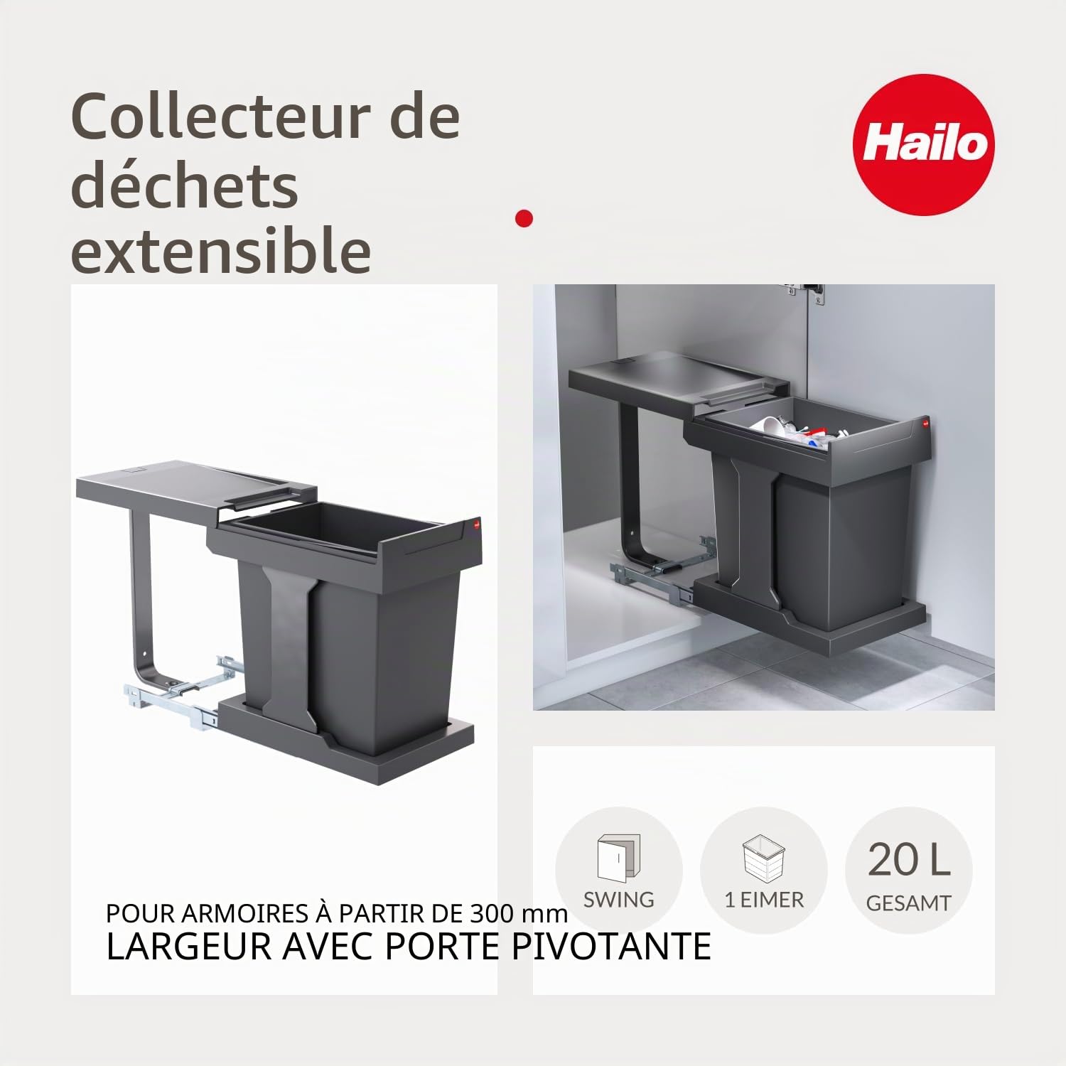 Hailo Collecteur de déchets Solo manuel 20 l 300 mm large anthracite