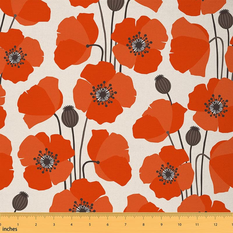 Poppy Flower Fabric by The Yard,Cute Red Floral Botanical Upholstery Fabric for Chairs,Rustic Garden Nature Branches Waterproof Outdoor Fabric,2 Yard,(L184*W150cm) Orange