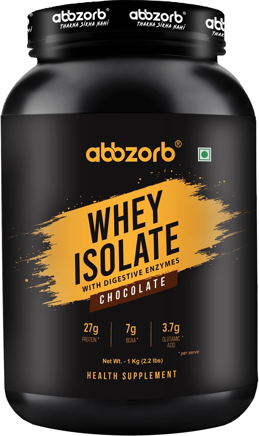 Abbzorb Whey Protein Isolate Powder Chocolate - 1kg | 27g Protein, 7g BCAA per SCOOP | Digestive Enzymes | Muscle Growth, Strength | Lab Report |