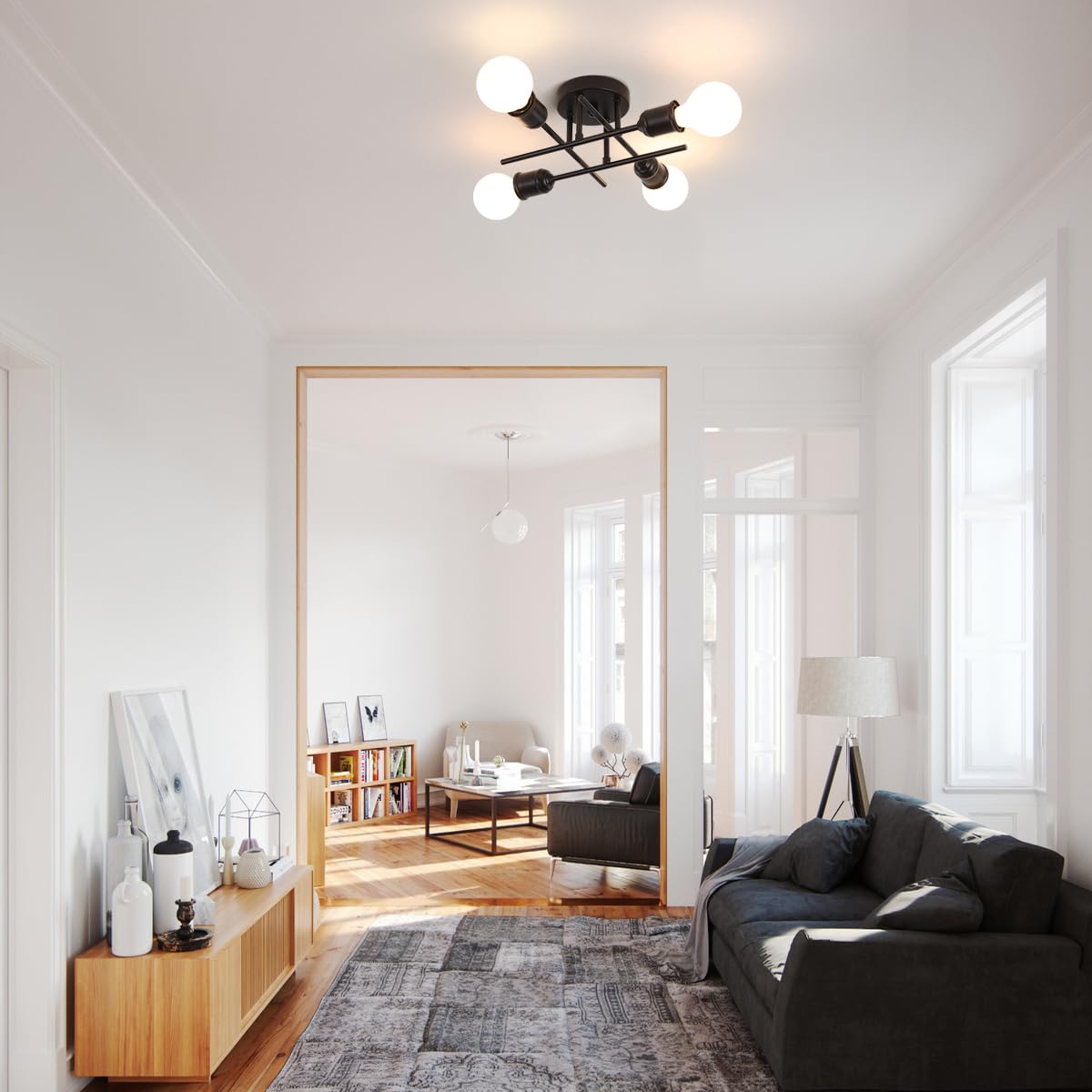 Qcyuui Lampada da Soffitto Vintage, Sputnik Lampadario 4 Bracci Industriale da Lampada a Sospensione Moderna in Metallo con Supporto E27 Verniciato Nero per Soggiorno Loft Cucina