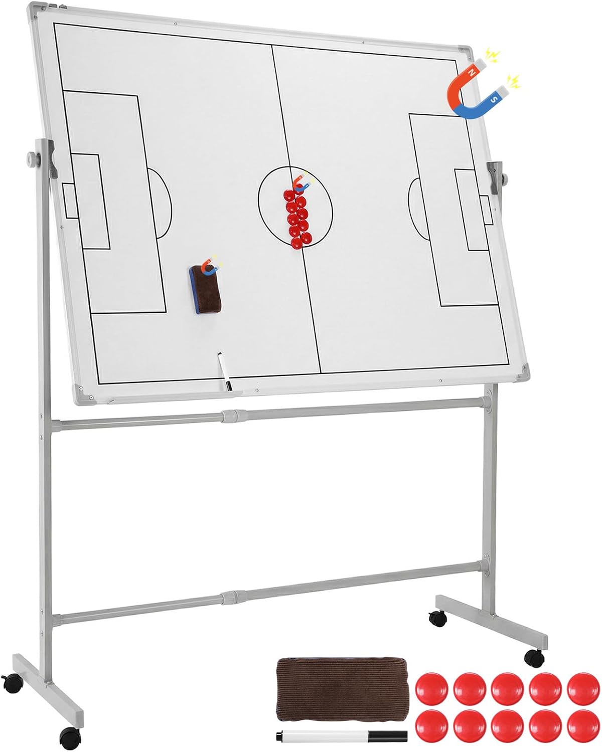 Generic Mobile Double-Sided Soccer Coaching Board Height Adjustable Whiteboard with Wheels Dry Erase Board with Magnets Pen & Eraser for Coaches