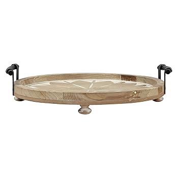 Amazon｜丸い木製トレイ、ハンドル付き脚付きトレイ、コーヒー