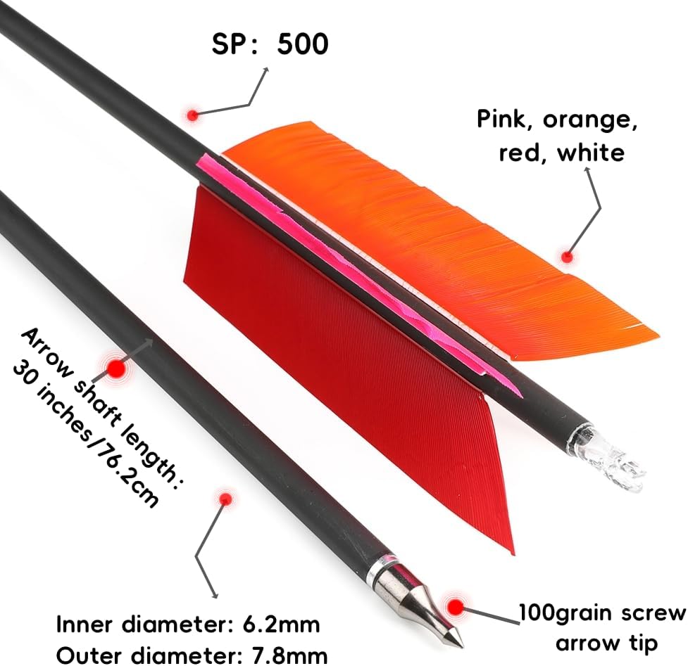 Archery Hunting Arrows with Four Natural Feathers 500 Spine Mixed Carbon Arrows 100-Grain Threaded Arrows for Recurve Bows Compound Bows Target Practice