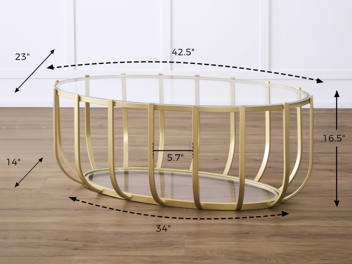 Shrine Gold Oval Glass Coffee Table, Mid-Century Modern Design, 2-Tier Structure, Clear Glass Top and Shelf, 42.5" D x 22.8" W x 16.5" H, Glam Gold Metal Cage-Frame