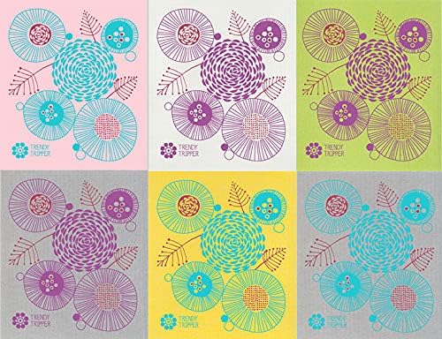 Trendy TripperSwedish Dishcloths Reusable | Washable | Compostable | Made in Germany | Packaged USA | 6 Packs (6 MCM Floral Turq/Purple)
