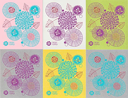 Trendy TripperSwedish Dishcloths Reusable | Washable | Compostable | Made in Germany | Packaged USA | 6 Packs (6 MCM Floral Turq/Purple)