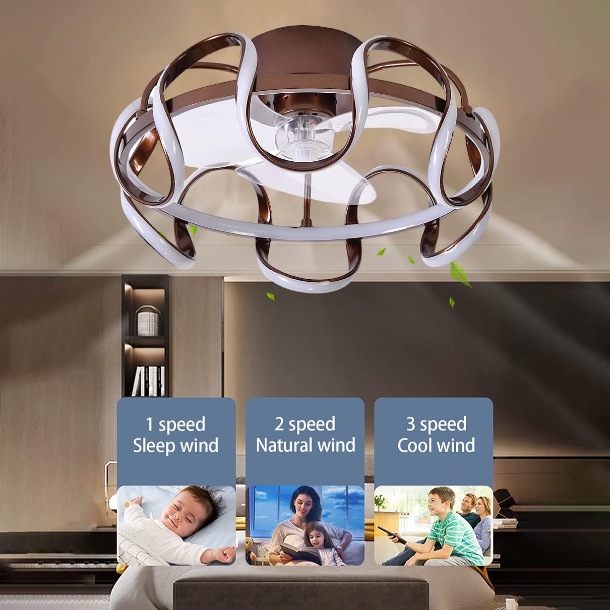 YUEGOO Ceiling Fans with Lamps,Bedroom Quiet Ceiling Fan with Light Led Dimmable 3 Speeds Round Fan Ceiling Light with Remote Control Modern Living Room/D