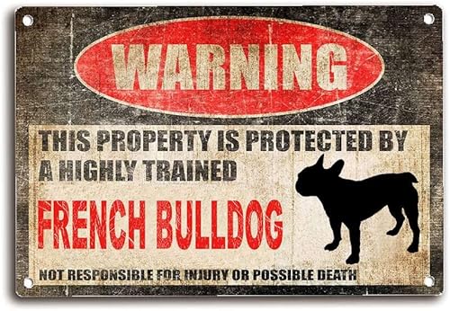 Beware Dog Tag Fence French Bulldog This Property is Protected Funny Metal Fun Home Decor Bistro Cartel de Chapa Decoración de pared Tin Sign 8x12
