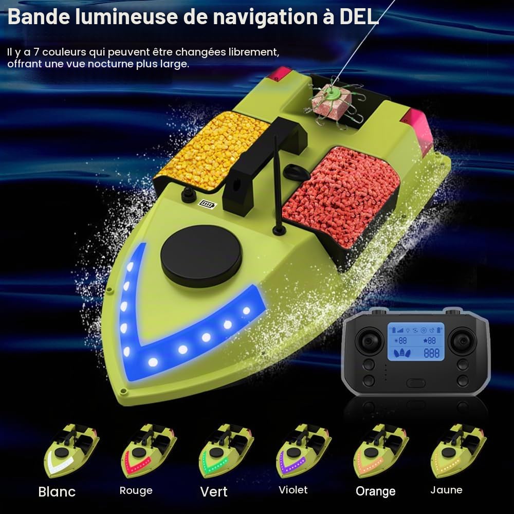 OBEST Bateau d'appât Télécommandé avec GPS, 600M RC Bateaus Nuit LED Pêche,3 Cabines 1.5 kg Chargement Bait Boat, Retour Intelligent, Faible Protection Batterie, Pêche Bateau à Double Moteur, 5200mAh