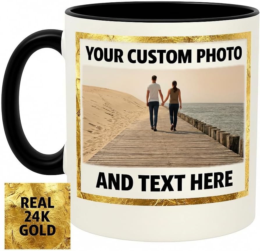 Personalized 11 oz Coffee Mug - Real 24K Gold Leaf, Hand-Gilded, Black Rim and Handle - Custom Photo, Name or Text - Customizable Gifts, Mugs with Names, Tazas Personalizadas