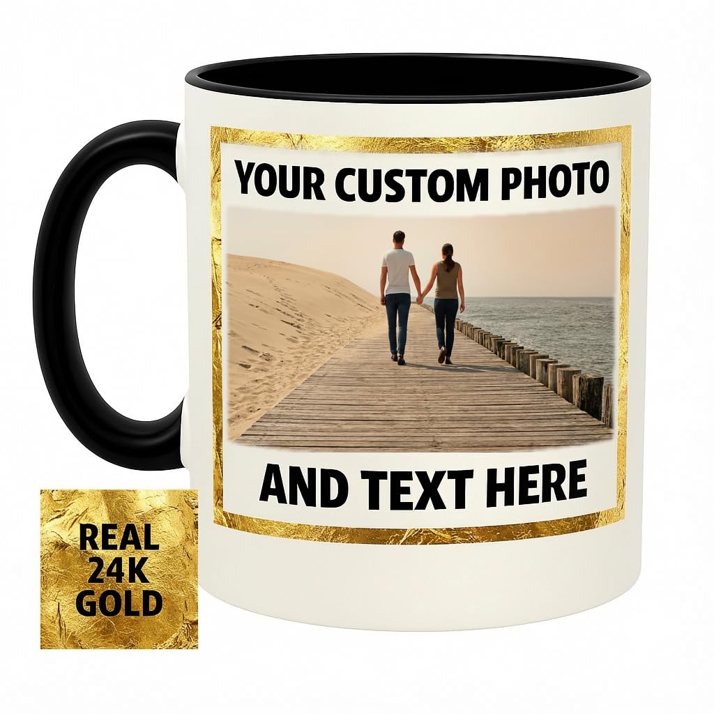 Personalized 11 oz Coffee Mug - Real 24K Gold Leaf Hand-Gilded Black Rim and Handle - Custom Photo