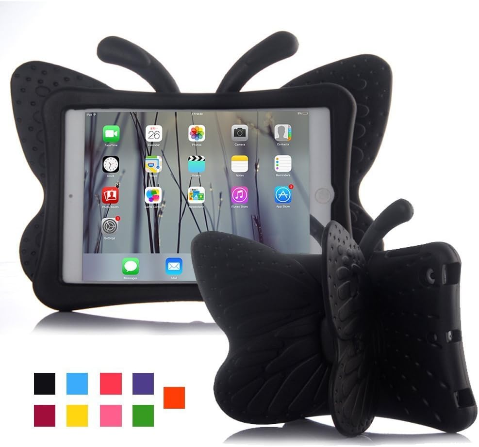 iPad Mini case, Leebay Non-Toxic Light EVA Kids-use 3D Cartoon Butterfly ipad Mini 4 3 2 case, Shockproof Cover with Stand for Kids (Black)