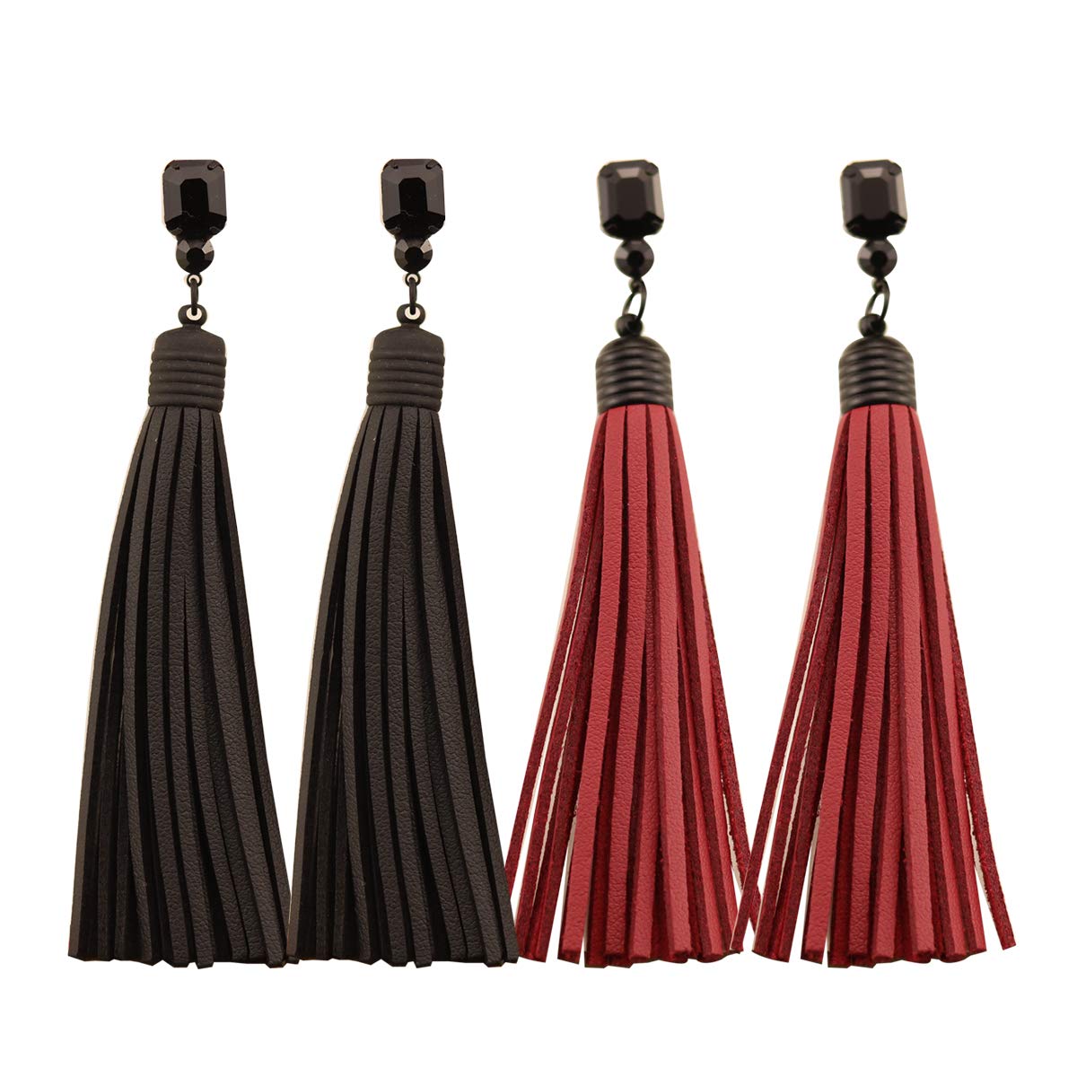 2 Pairs 3.93Inch Long Fringe PU Leather Tassel Earrings for Women Party Black and Red