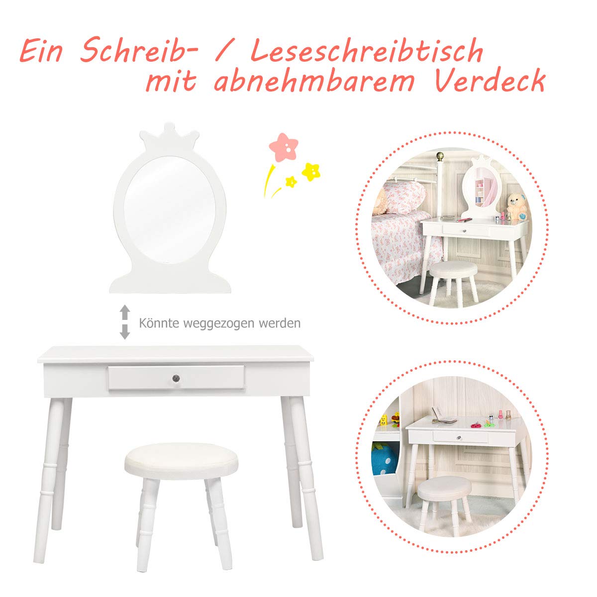 COSTWAY Kinder Schminktisch, 2 in 1 Make-up Tisch & Schreibtisch mit abnehmbarem Spiegel & Hocker, Frisiertisch mit Schublade & Kiefernbeinen, Kosmetiktisch bis 65kg belastbar, 70 x 34 x 100cm (Weiß)