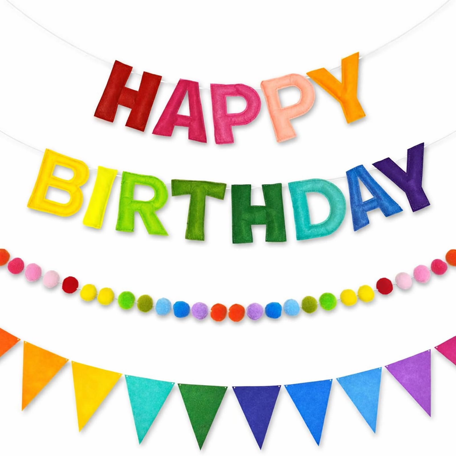 Felt Birthday Banner, Felt Happy Birthday Banner, Colourful Birthday Decorations, Party Decor Banners, Birthday Bunting, Felt Ball Garland, Birthday Decor Set