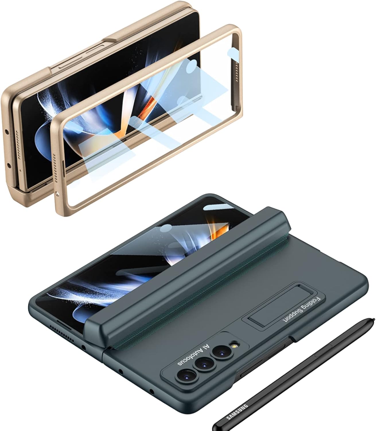 Magnetic Hinged All-Inclusive Phone Case for Samsung Galaxy Z Fold 4, Flip Phone Shell with Bracket for Z Fold4, Pen Box Anti-Fall Cover