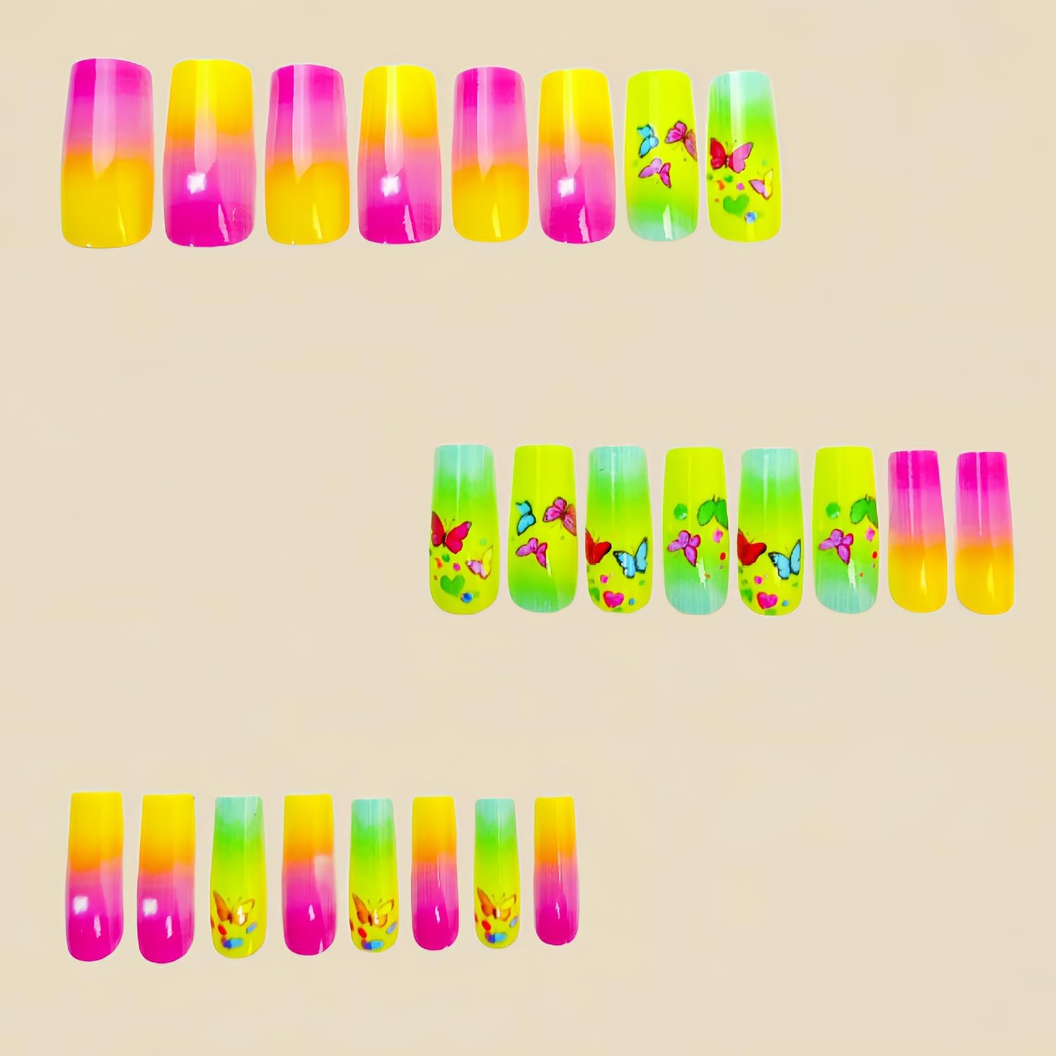 24Pcs Butterfly Gradient Nails, Glitter Acrylic Full Cover Coffin Nails - Medium Press ons, Ballet Tip Design - Image 2