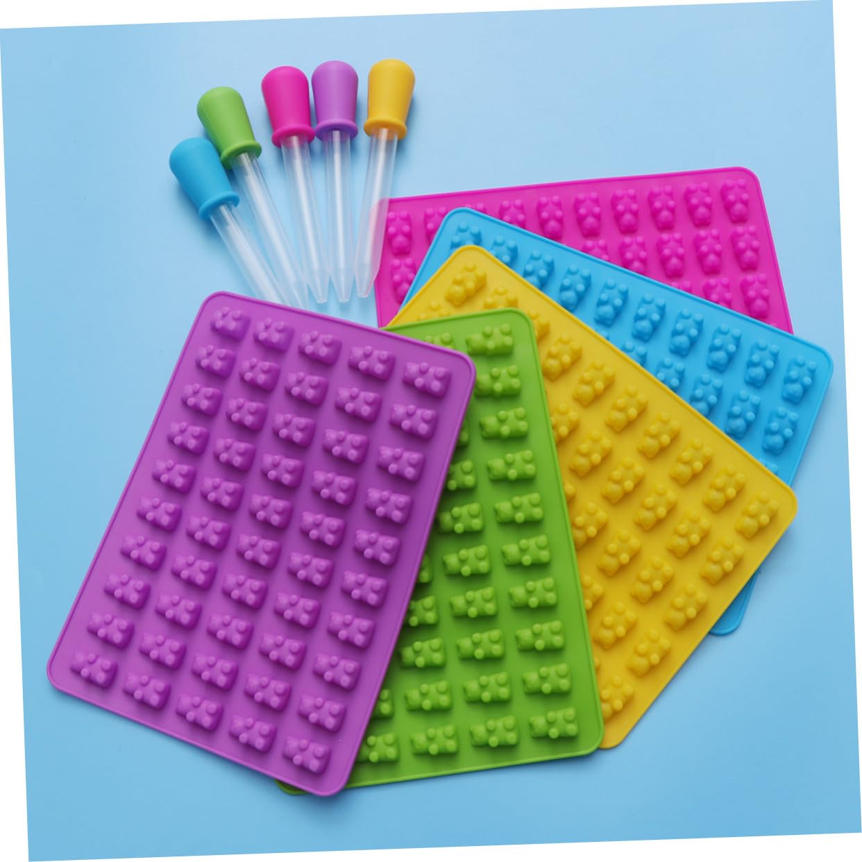 Cabilock 5ensembles Moules à Bonbons Silicone Forme Ours avec Compte-gouttes Bleu Ciel Vert Rose Jaune