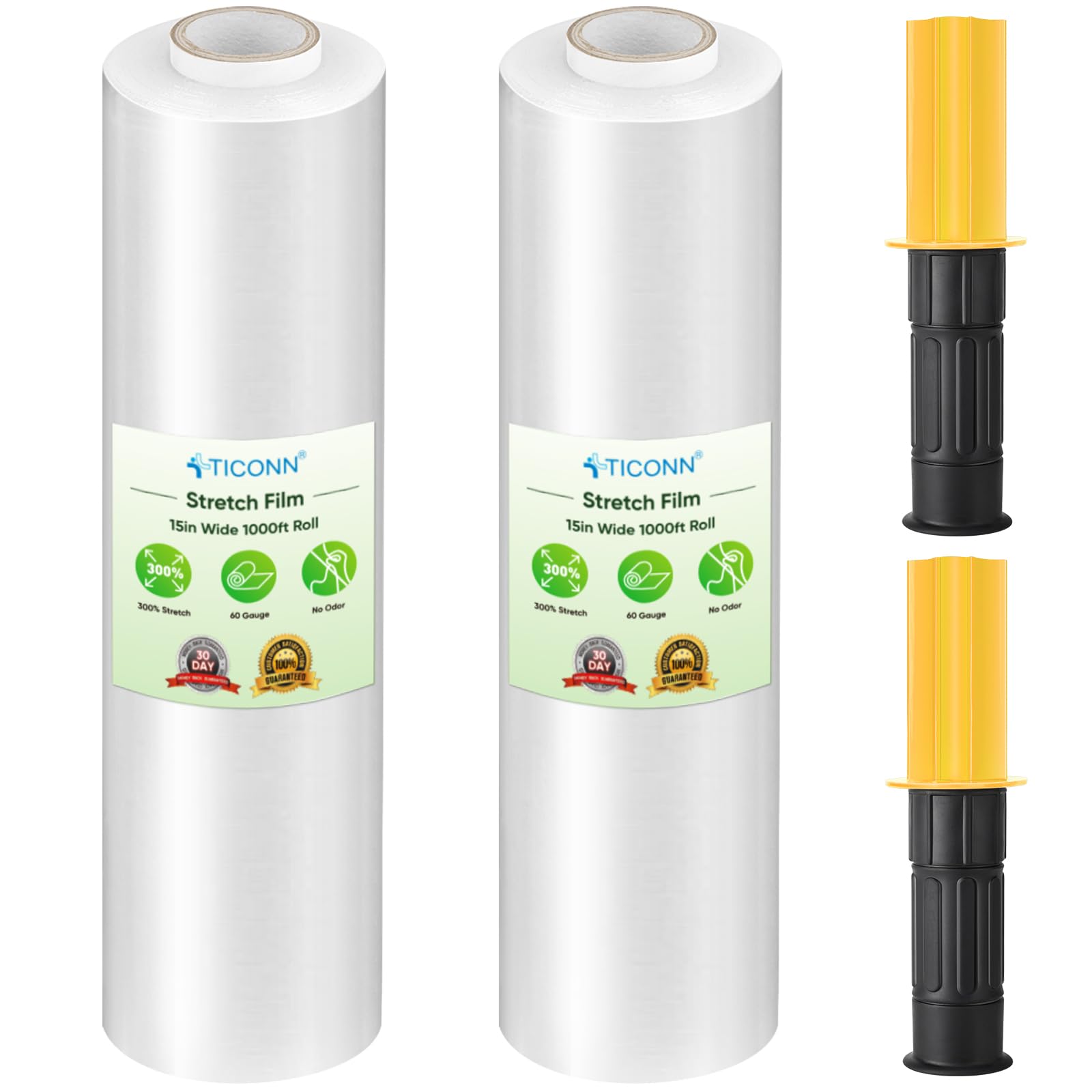 TICONN 2Pk Stretch Wrap Stretch Film Roll, 1000ft Industrial Strength 15 inch Wide Clear Plastic Wrap with Handles for Pallet Wrapping Shipping Moving