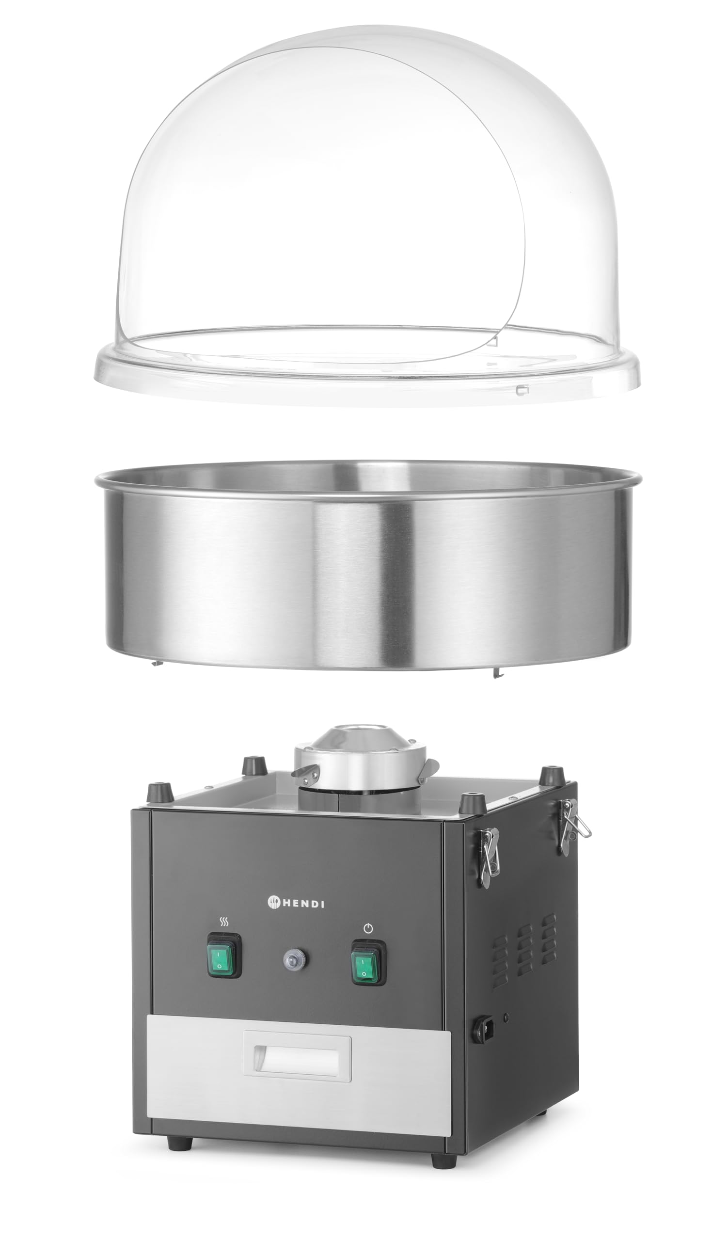 HENDI Zuckerwattemaschine, mit Zuckerspender, Schublade, herausnehmbare Schale, Überhitzungssicherung, Cotton Candy Machine, Zuckerwatte Maschine, 230V/1130W, 520x520x(H)503mm, Edelstahl, schwarz