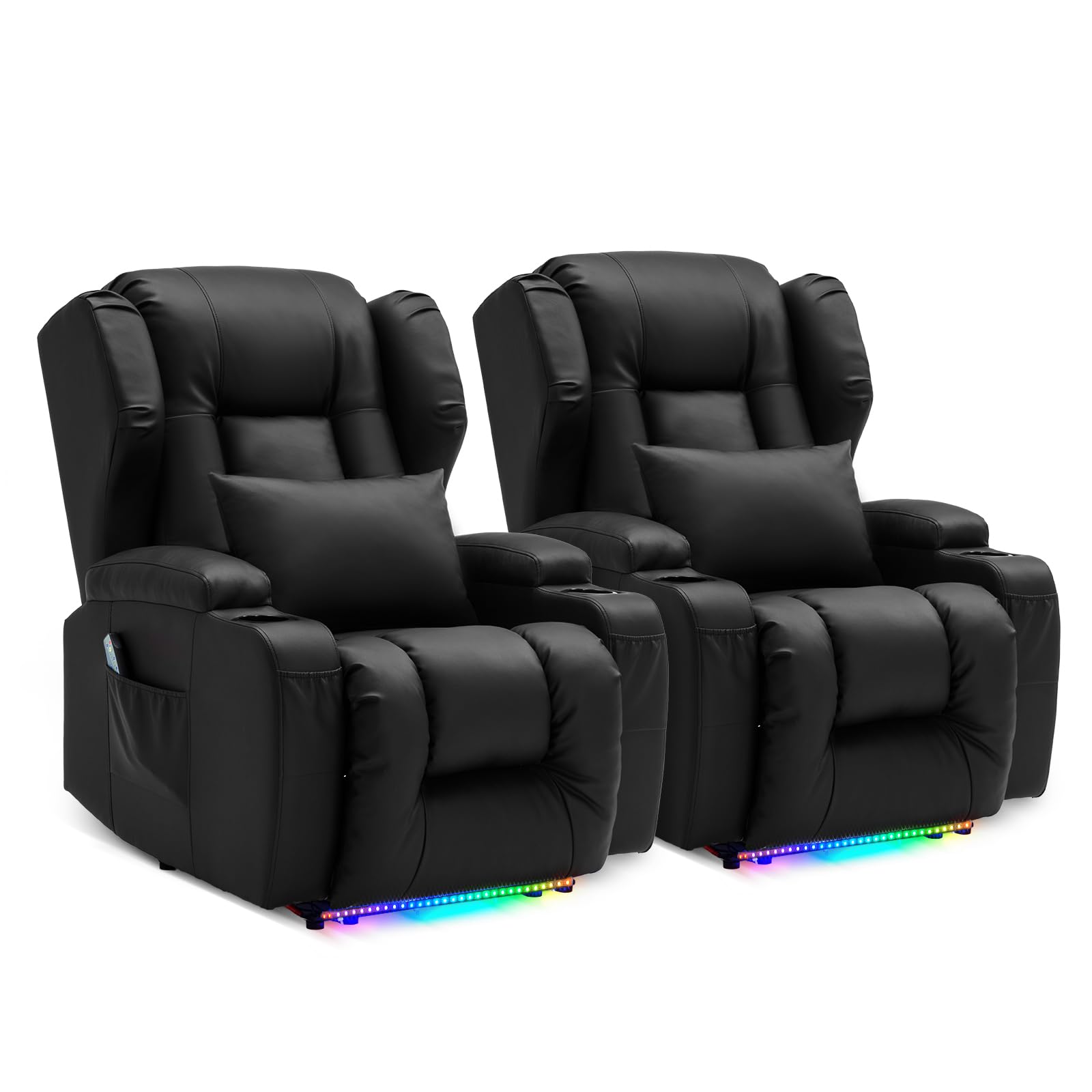 DRMBOOK Power Recliner Chair, Electric Wall Hugger Reclining Sofa with Massage &amp; Heat, Overstuffed Movie Theater Seating with LED/USB Port/Cup Holders for Living Room (Leather Black, 2 Chairs)