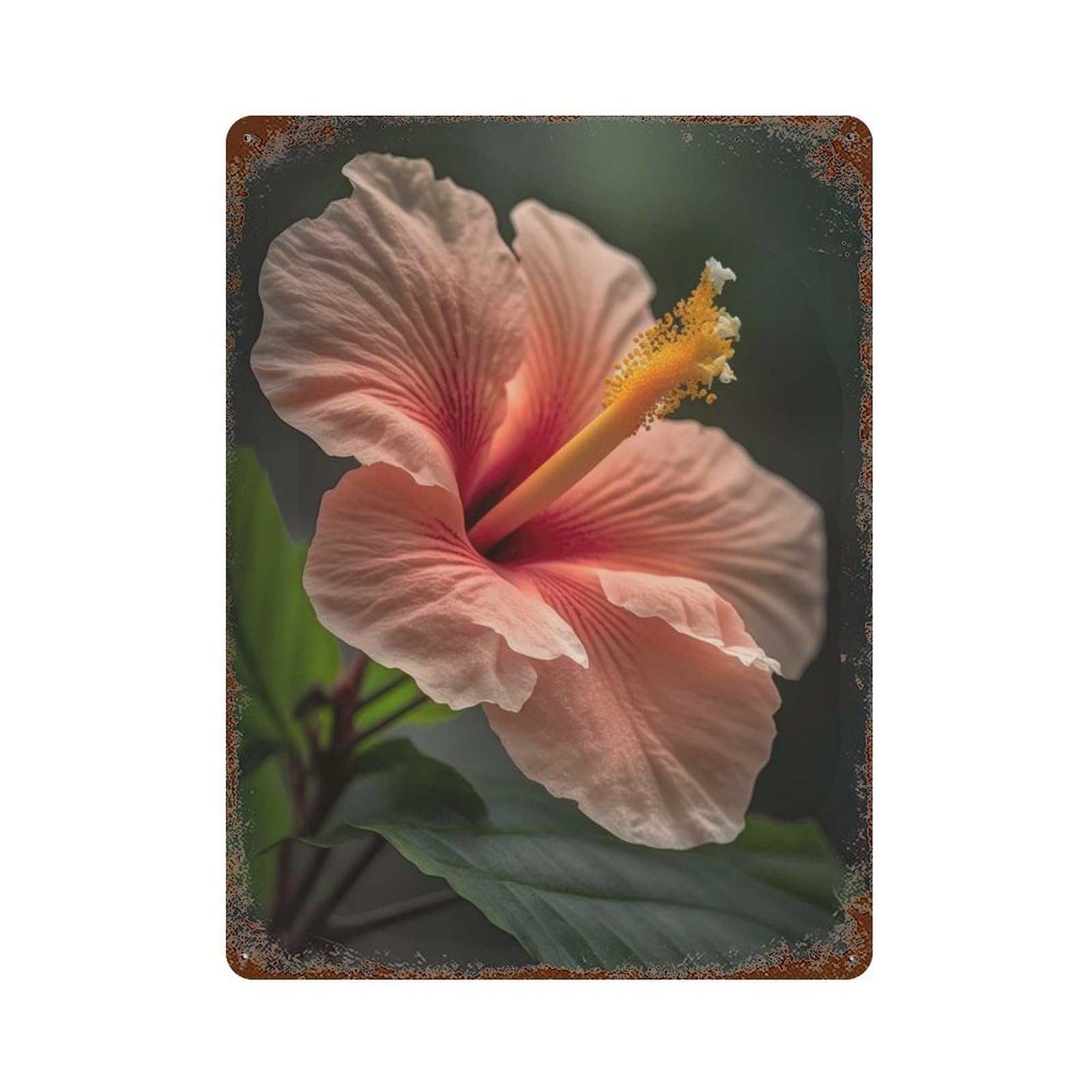 Weathered Tin Sign with Hibiscus Flower Macro Design 15.7"x11.8", for Basement, Hobby Room And Garage Decor, Industrial Home Decor