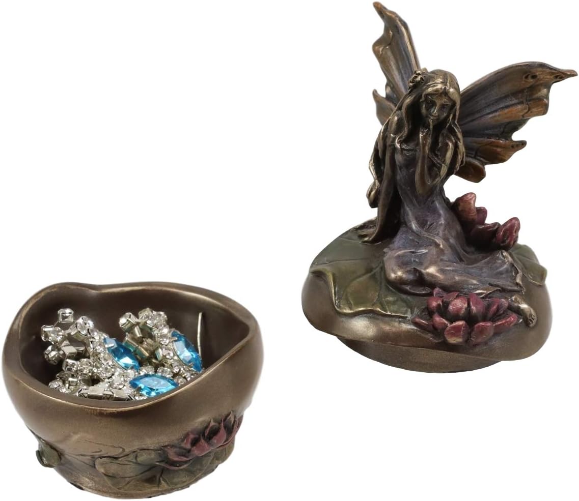 Ebros Gift Art Nouveau Water Lily Fairy Small Trinket Decorative Box Figurine 3" High Jewelry Keepsake Fantasy Faery Garden Collectible Sculpture