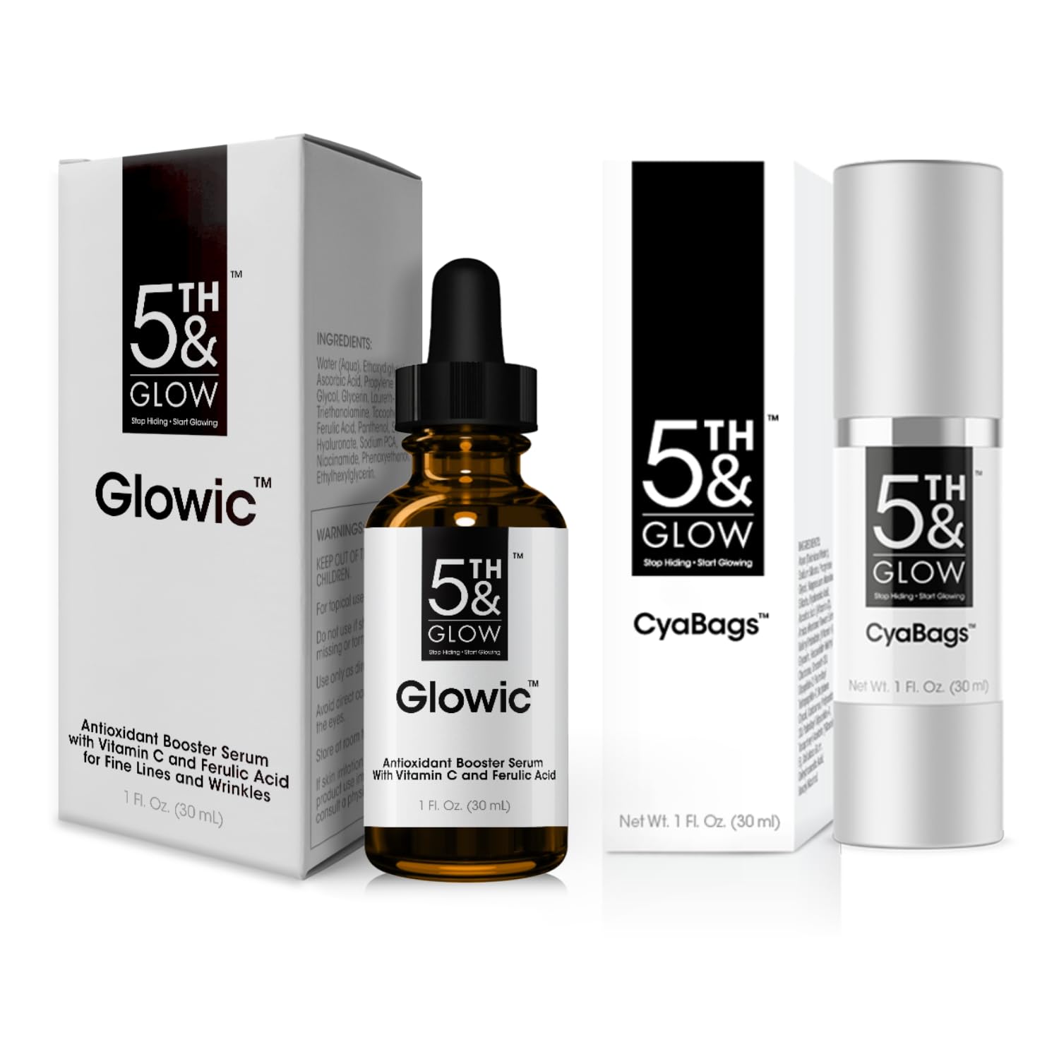 Ultimate Bundle - Glowic Antioxidant Serum for Complexion Glow + CyaBags Eye Serum for Instant Eye Puffiness Reducer - Lessens Fine Lines, Wrinkles