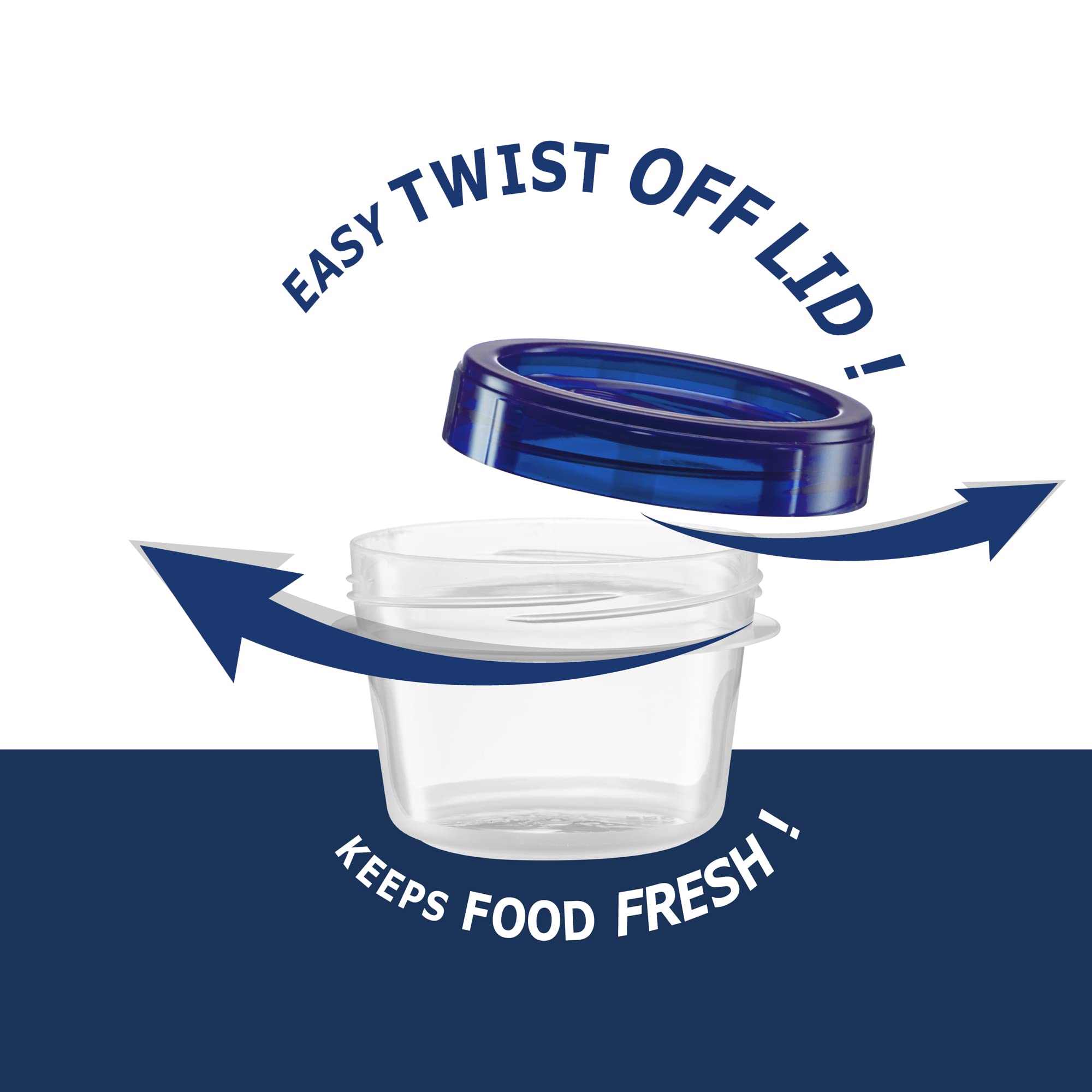 Elegant Disposables Twist Top - Contenedores pequeños de almacenamiento de alimentos, tapa de rosca azul, reutilizables, apilables, herméticos, paquete de 20 recipientes de 4 onzas