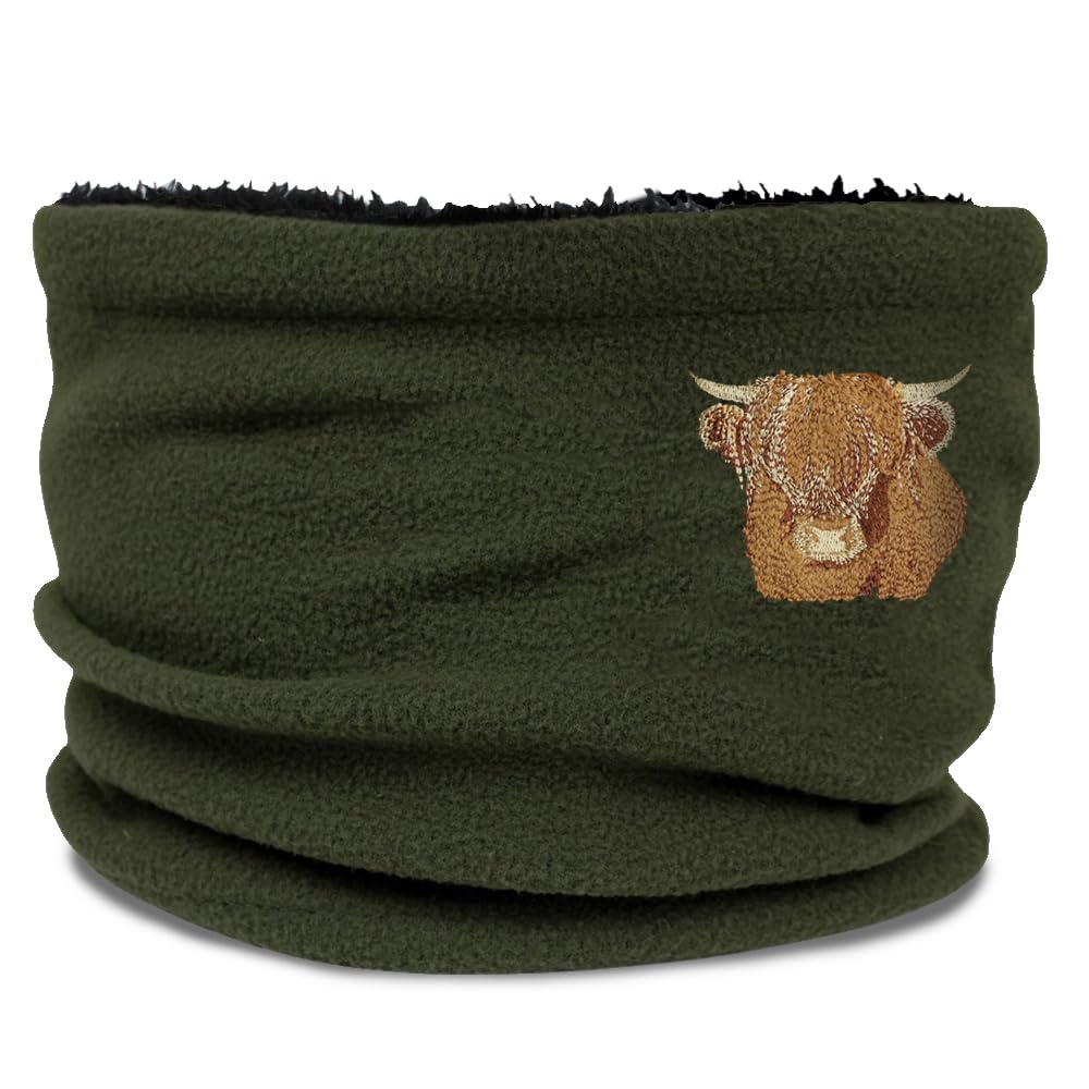 TeddyT's Embroidered Highland Cow Khaki Fleece Snood Scarf
