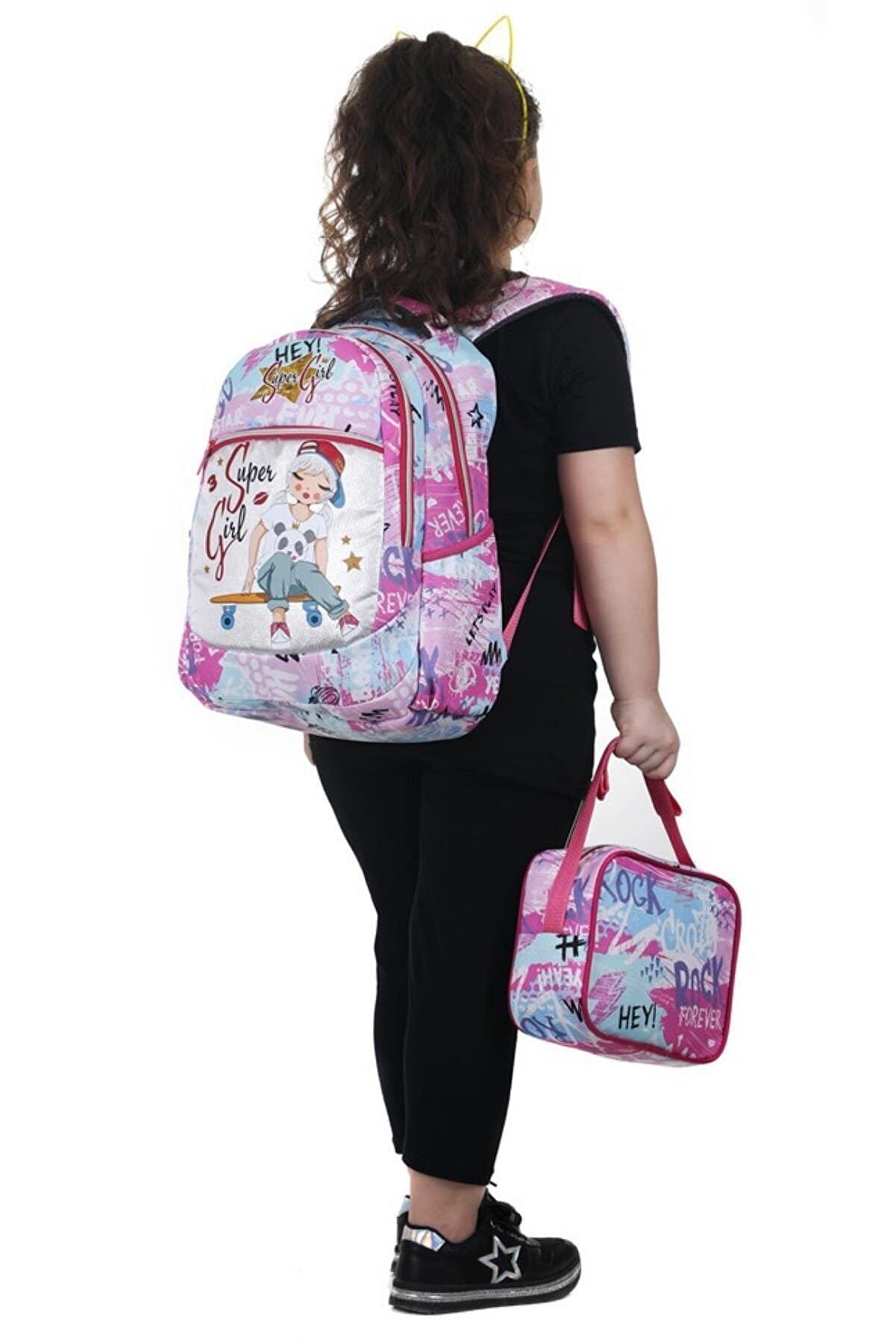 TahTicMer Okul Sırt Çantası ilkokul Beslenme çantalı Kalemlikli 3lü Set Süper Girl Okul Çantası Pembe