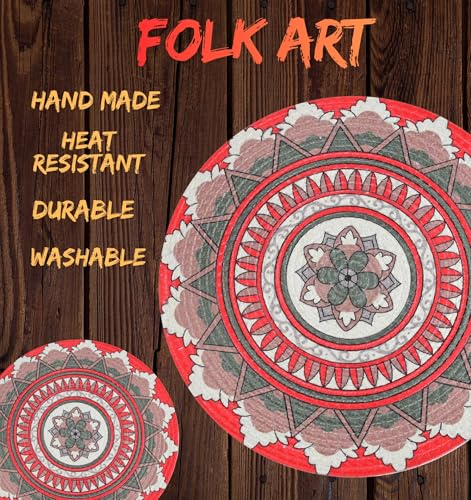 Image of LaVichitra Cotton Table Placemat | Dining Table Mat | Bed Side Table Mat | Cotton Round Shape Placemats | Washable PlaceMat for Shelves & Plant Pots - Pack of 4, Folk Art