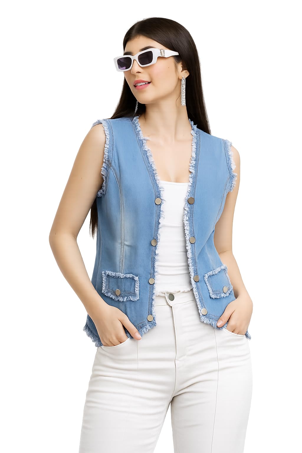 Women's Denim Jacket, Sleeveless, Frayed Edges, Button Closure, Two Pockets, Regular Fit