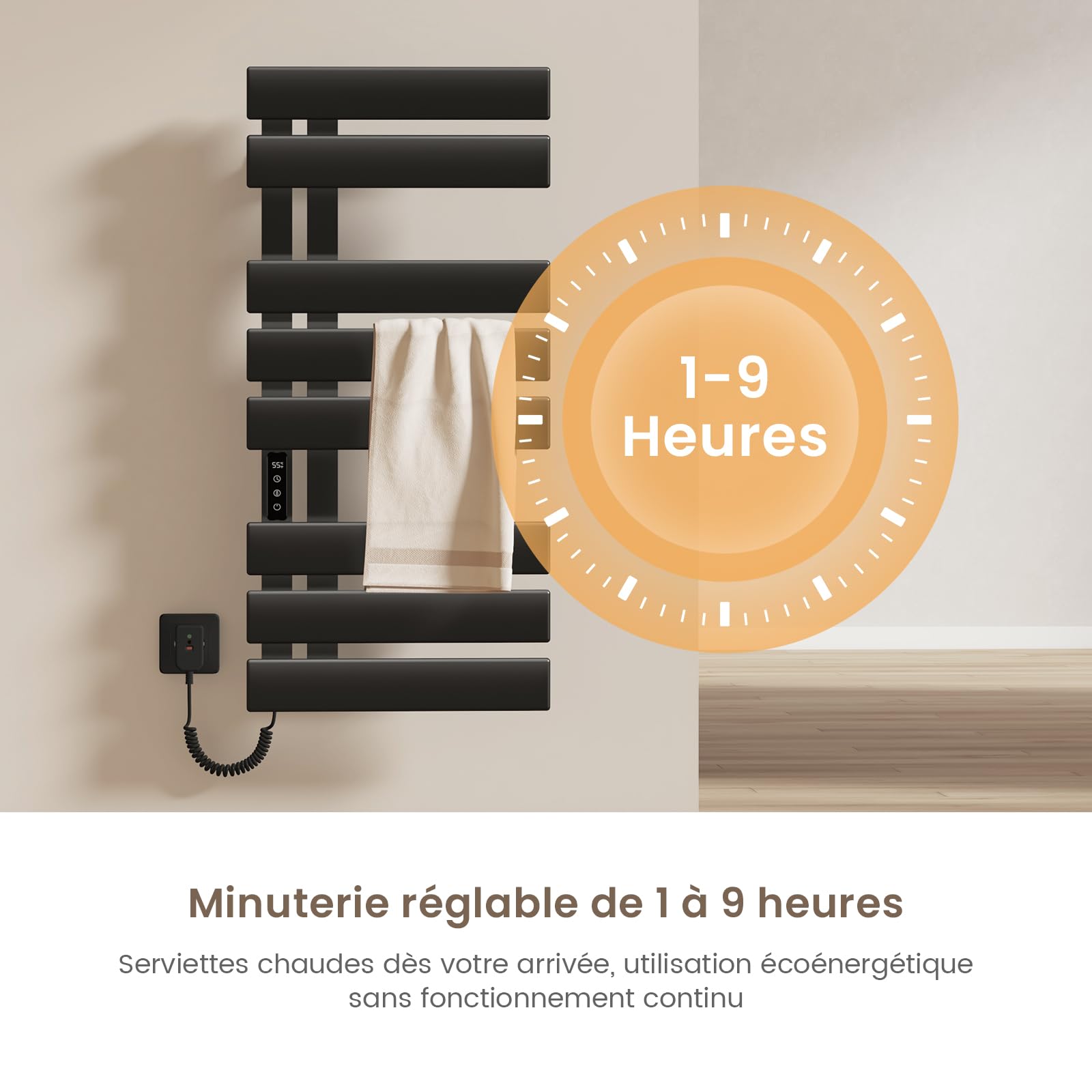 EMKE Sèche-Serviettes Électrique, 850x400mm, 230W, Noir Mat, Côté Gauche | Porte-Serviettes Chauffant,Écran Tactile, Radiateur Sèche-Serviettes Contrôle Wi-FI, Fonction Minuteur