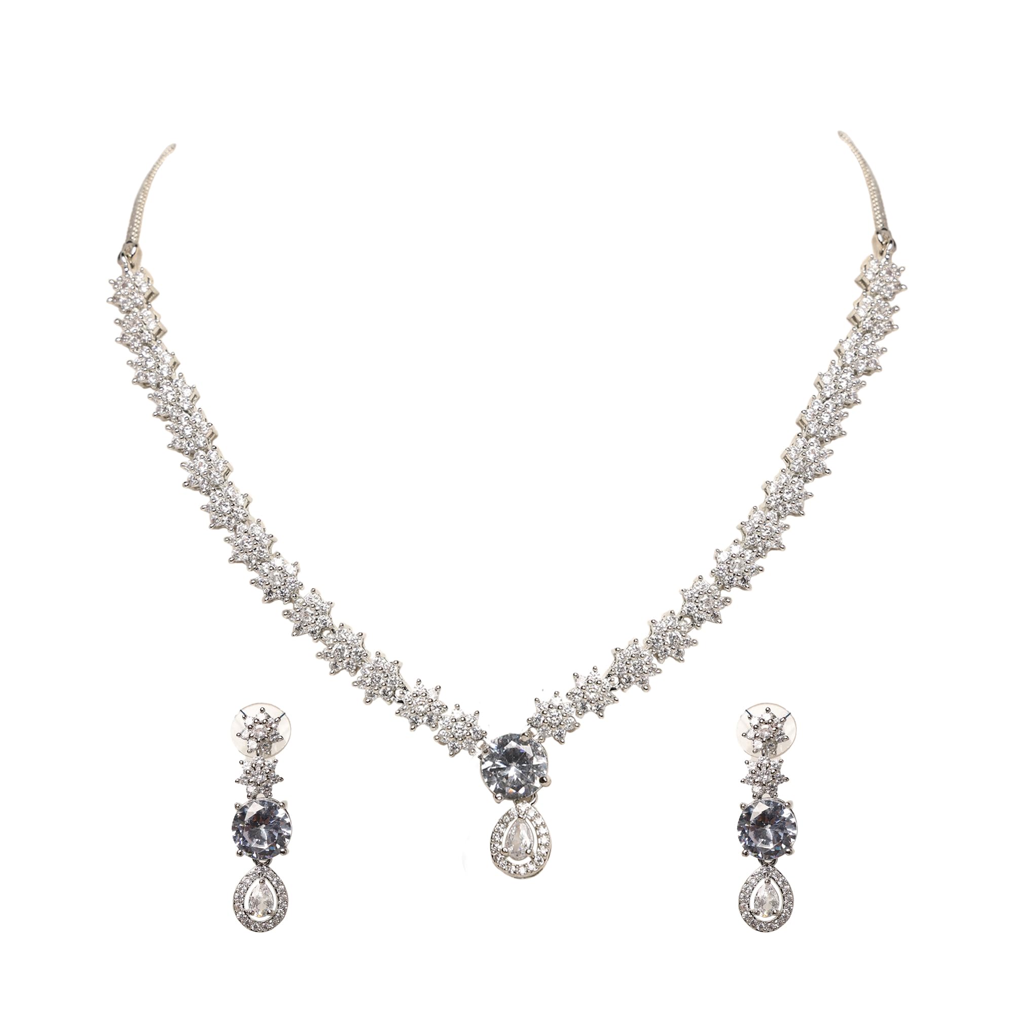 Jewellity Clear Stone And Silver American Diamond/AD Designer Necklace With Earrings Set For Girls/Women NSA-767 (B0CSBS5QQ2) Amazon Price History, Amazon Price Tracker