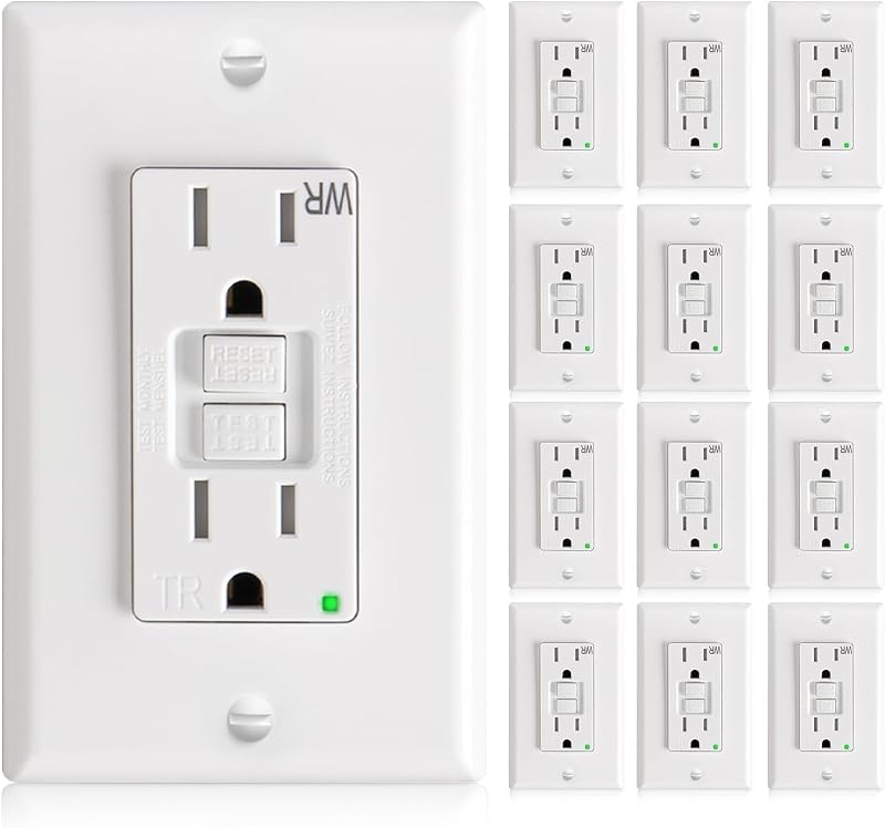Amico GFCI Outlet 15 Amp, 12 Pack, White, Weather Resistant(WR) | ETL listed, self-test with LED indicator, thinner design, indoor or outdoor, plates and screws included