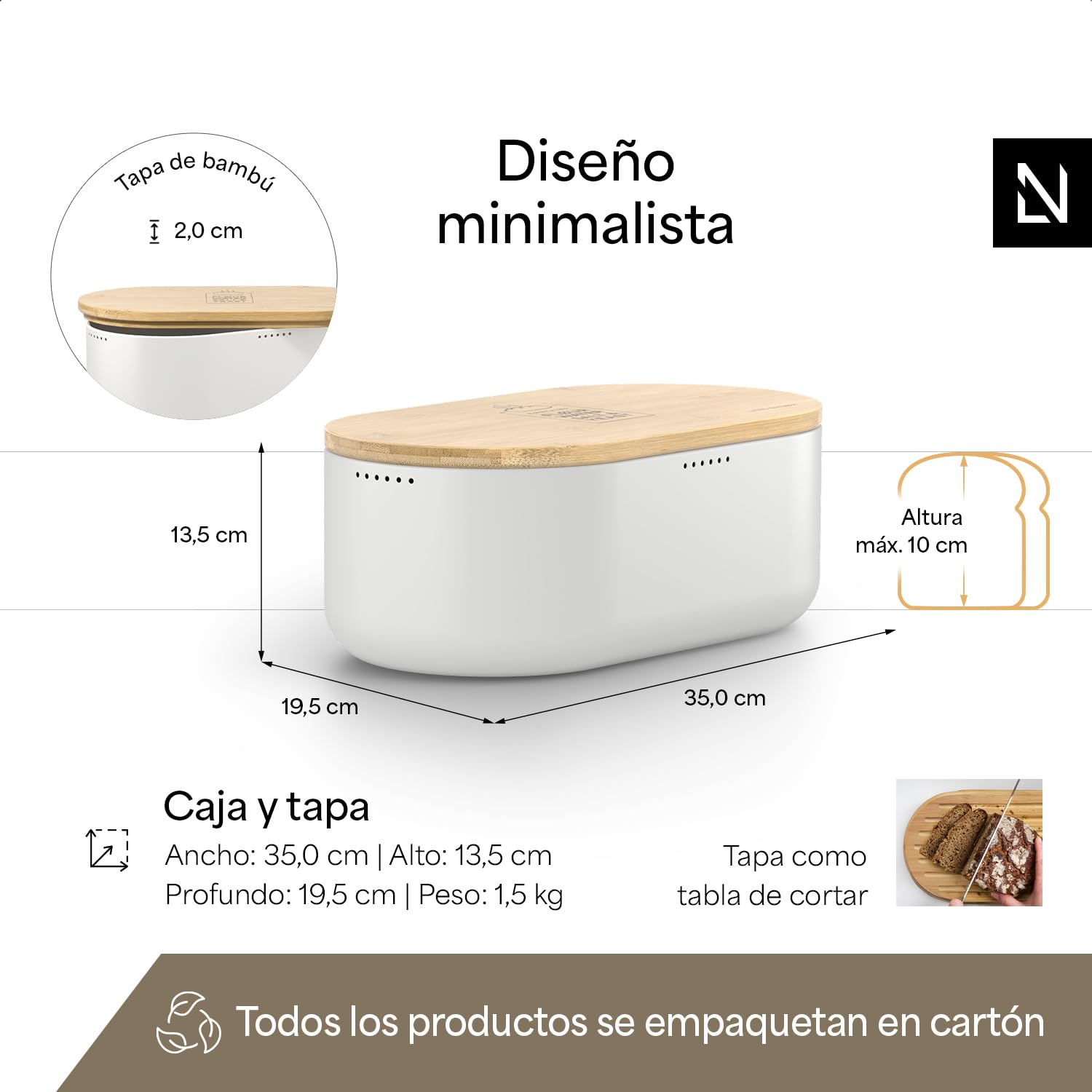 LARS NYSØM Panera I Recipiente para Pan para una frescura particularmente duradera I Caja de Pan con Tapa de bambú Adaptable como Tabla de Cortar (Arctic White)