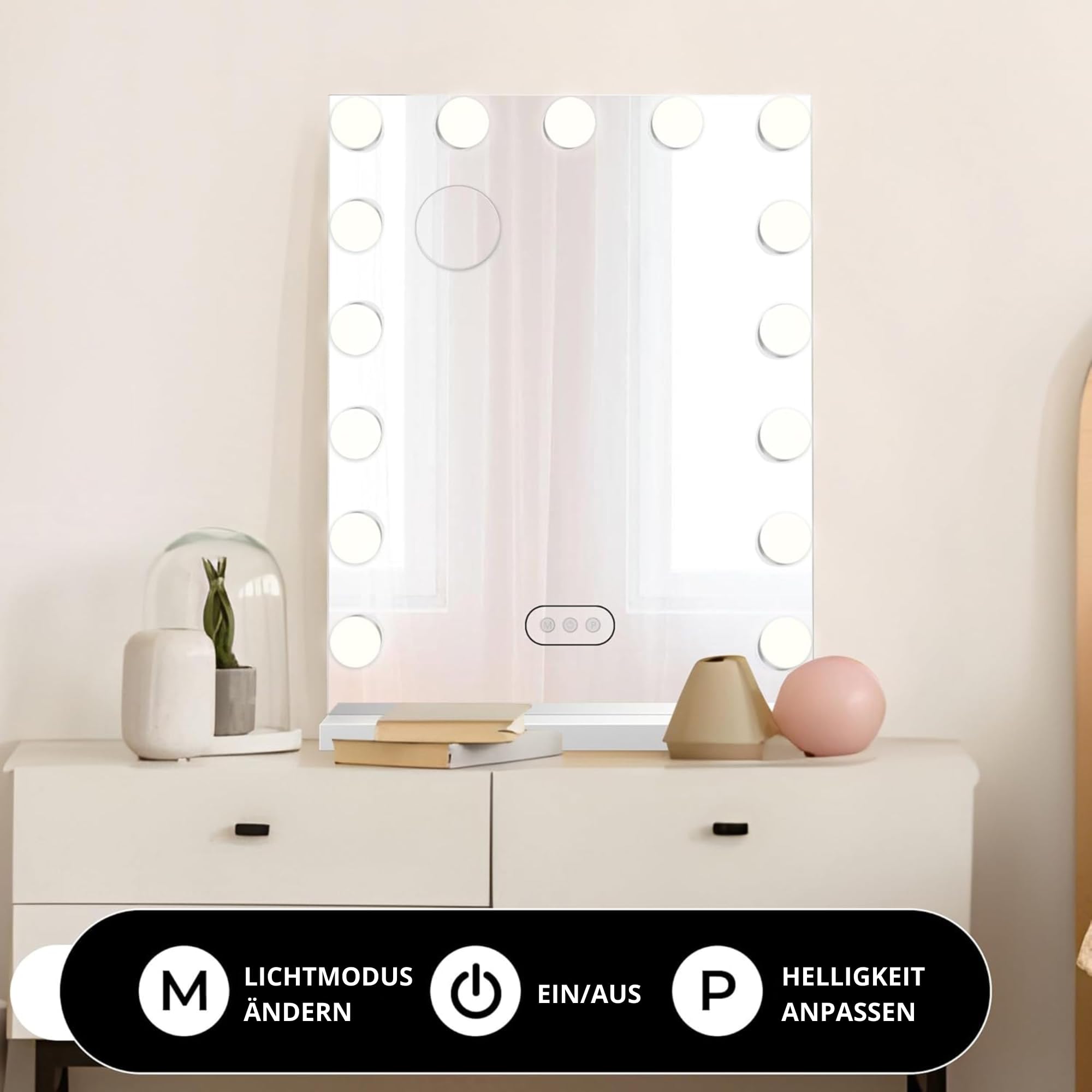 Bayt Hollywood Schminktischspiegel, Kosmetikspiegel, Vanity Table, LED Beleuchtung, 15 Dimmbare lampen, 3 Lichtmodi, Touchscreen, 10x Vergrößerungsspiegel, 60 x 43 cm, Weiß