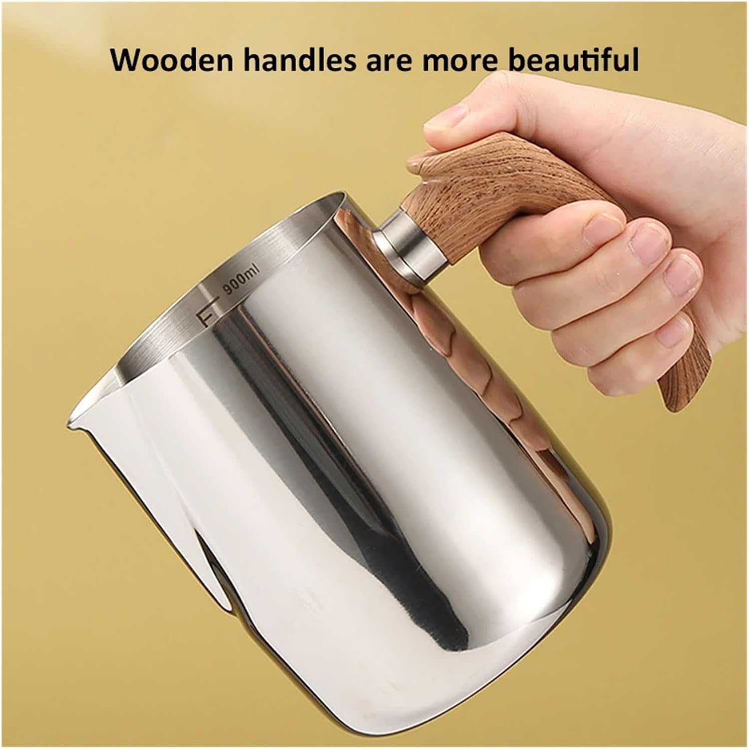 600/900ML Coffee Milk Frothing Jug Stainless Steel Latte Cup Wooden Handle Scale Barista Art Accessories(600ml,Silvery)