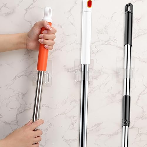 Miniatura 7 de Soporte de pared para escoba, organizador de escoba autoadhesivo, organizador transparente para colgar en la pared, para cocina, cuarto de servicio,