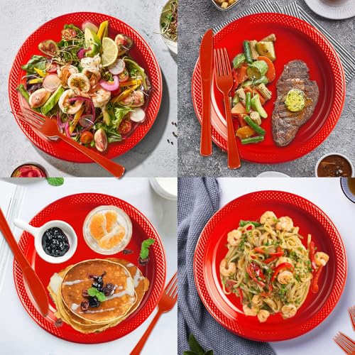 Red Plastic Plates,Christmas Disposable Plates Set,Disposable Plastic Dinnerware for Christmas Wedding Birthday,Serve 25 Guests – Image 6
