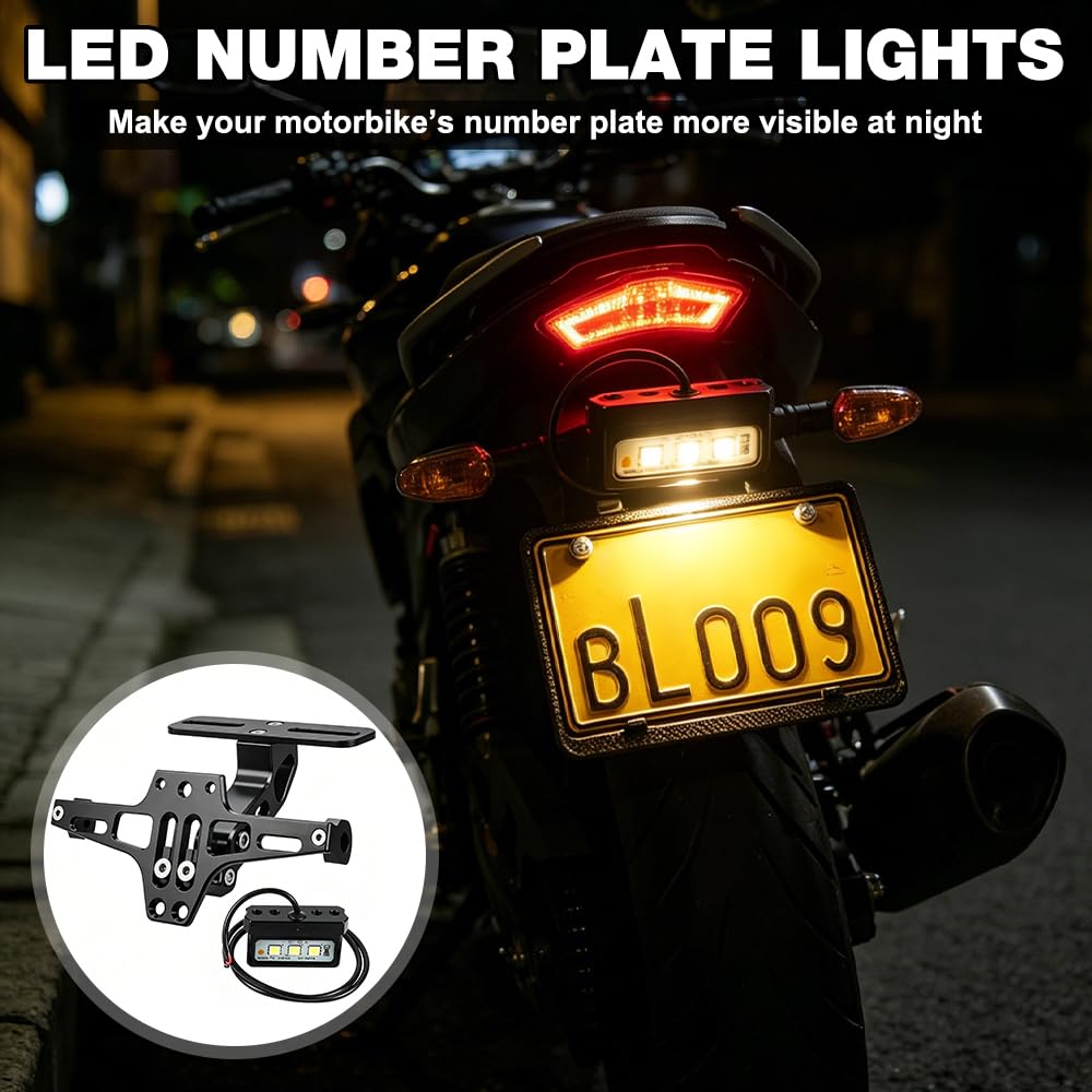 Soporte para Matrícula De Motocicleta, Portamatriculas Moto con LED Luz de Matrícula, Portamatrículas de Motocicleta de Aluminio, Soporte de Matrícula Ajustable para Modelos universales