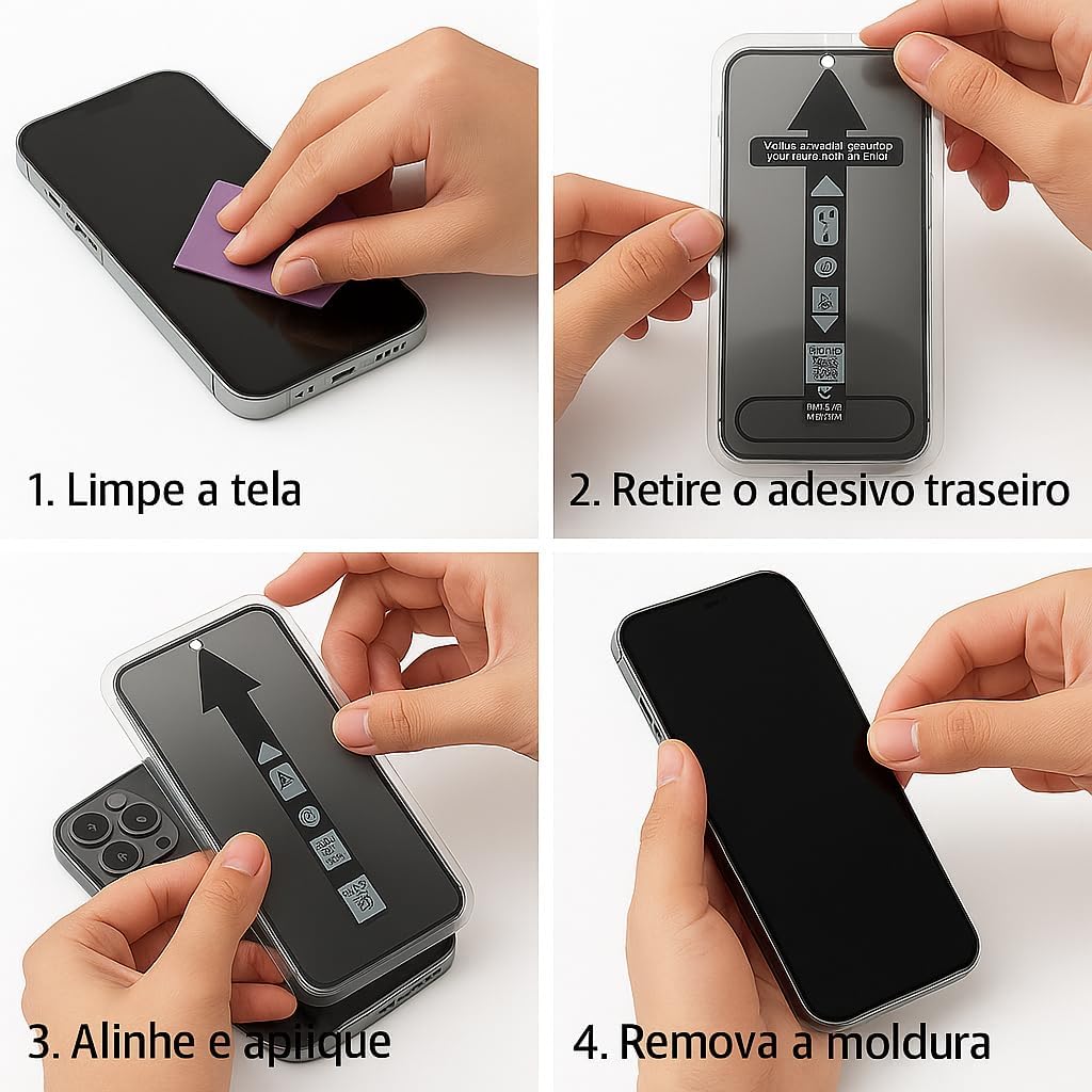 Película Privativa iPhone 16 Pro Max com Aplicativo Full Cover Vidro Temperado Anti Impacto Anti Espião Aplicação Automática Sem Bolhas Proteção Tela Anti Risco Oleofóbica Antimicrobiana