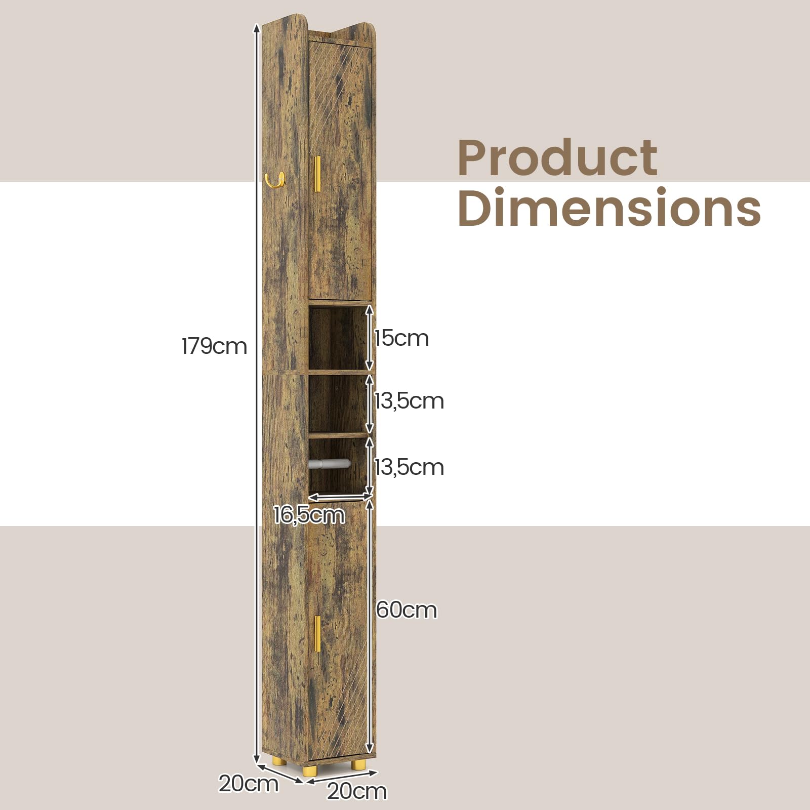 LIFEZEAL Meuble Colonne de Salle de Bain avec étagère réglable sur 3 Niveaux, Armoire de Rangement Gain de Place, 2 Portes, Porte-Rouleau pour Papier Toilette (Marron)