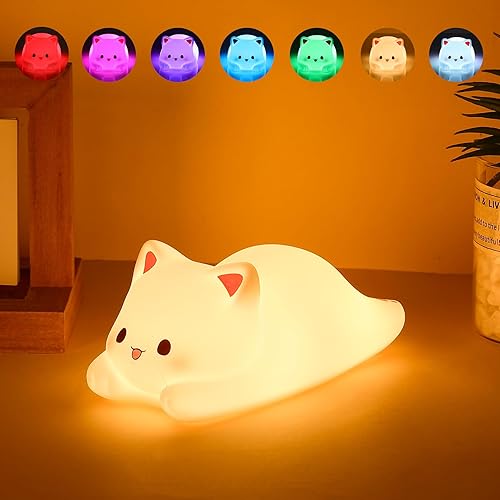 Miniatura 56 de Tremdwoto Luz nocturna de gato para niños, bonita luz nocturna colorida para bebé, lámpara de luces de noche blanda de 3 horas, temporizador de 3