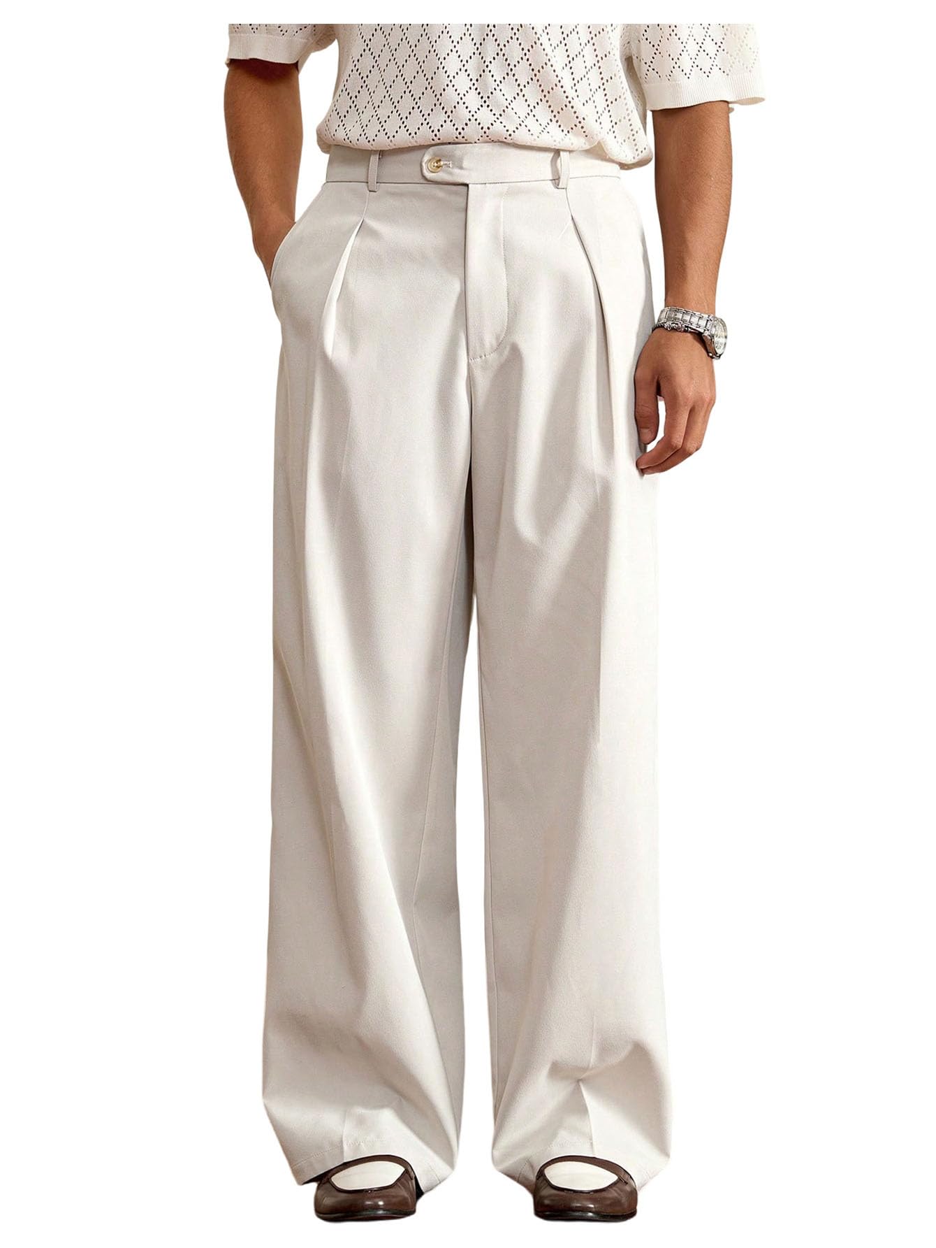BEAUDRMMen's Pleated Baggy Dress Pants High Waisted Wide Leg Pants Casual Work Trousers with Pockets Slacks for Men