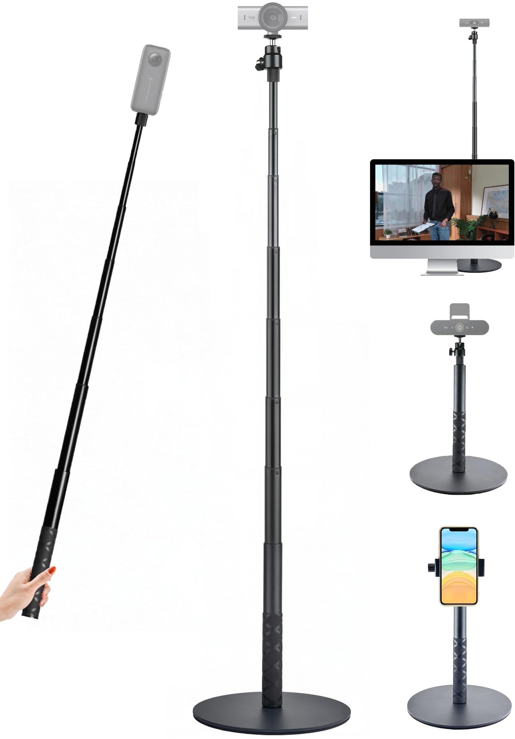 5ft webcam-stand for logitech mx-brio,brio 4k,brio 501 500 webcams | tabletop telescopic webcam holder for logitech c920x c920s c922x c930e c925e streamcam c615 and any webcams with 1/4'' hole