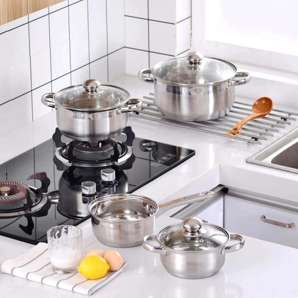 Kochgeschirr-Set aus Edelstahl, 7-teilig, Kochtopf- und Pfannen-Set, Stielkasserolle, Schmortopf mit Deckel aus gehärtetem Glas