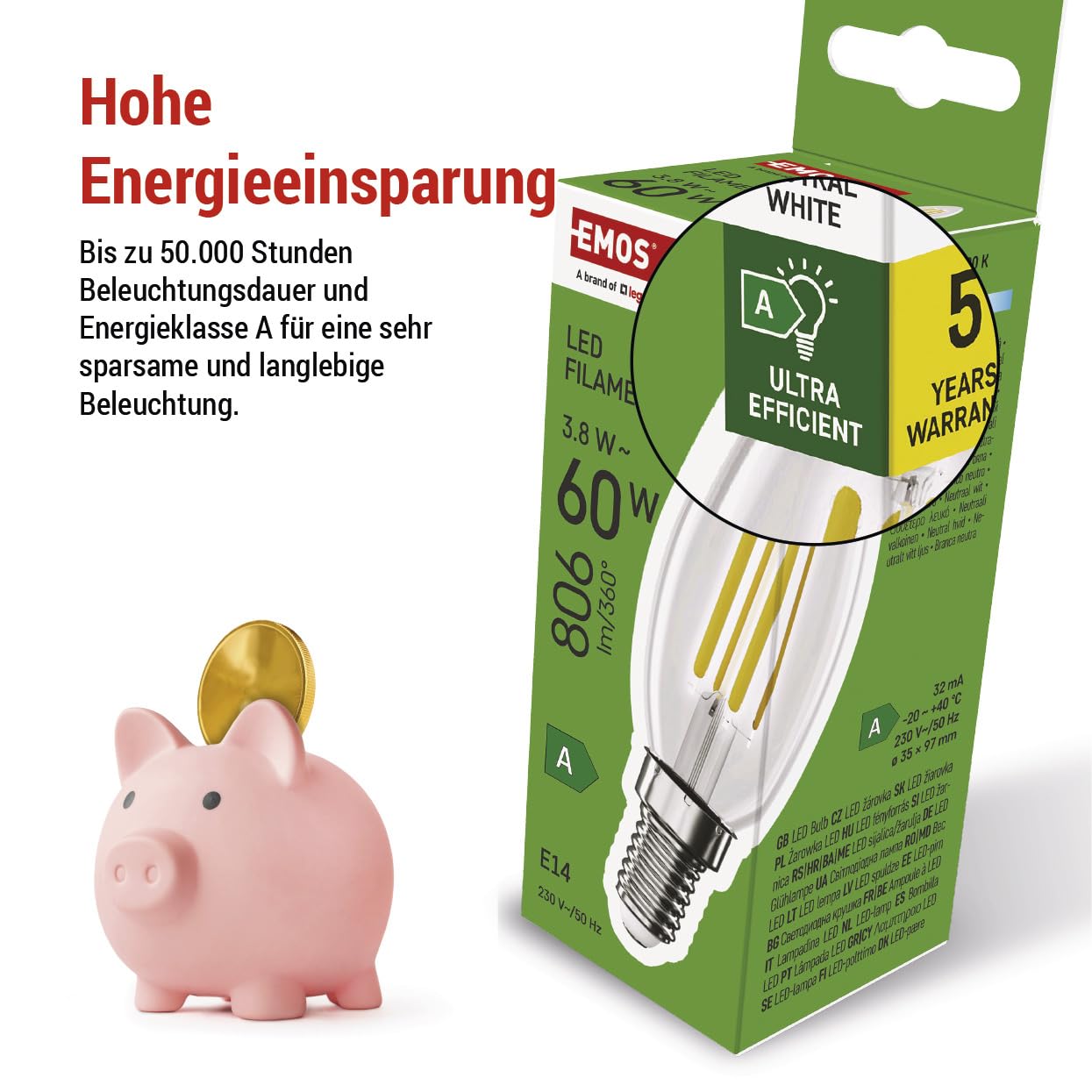 EMOS Żarówka LED Edison Candle, zamiennik żarówki 3,8 W do żarówki 60 W, klasa A, oprawa E14, jasność 806 lm, neutralna biel 4000 K, długa żywotność 50 000 h, CRI min. 80, kąt świecenia 360°