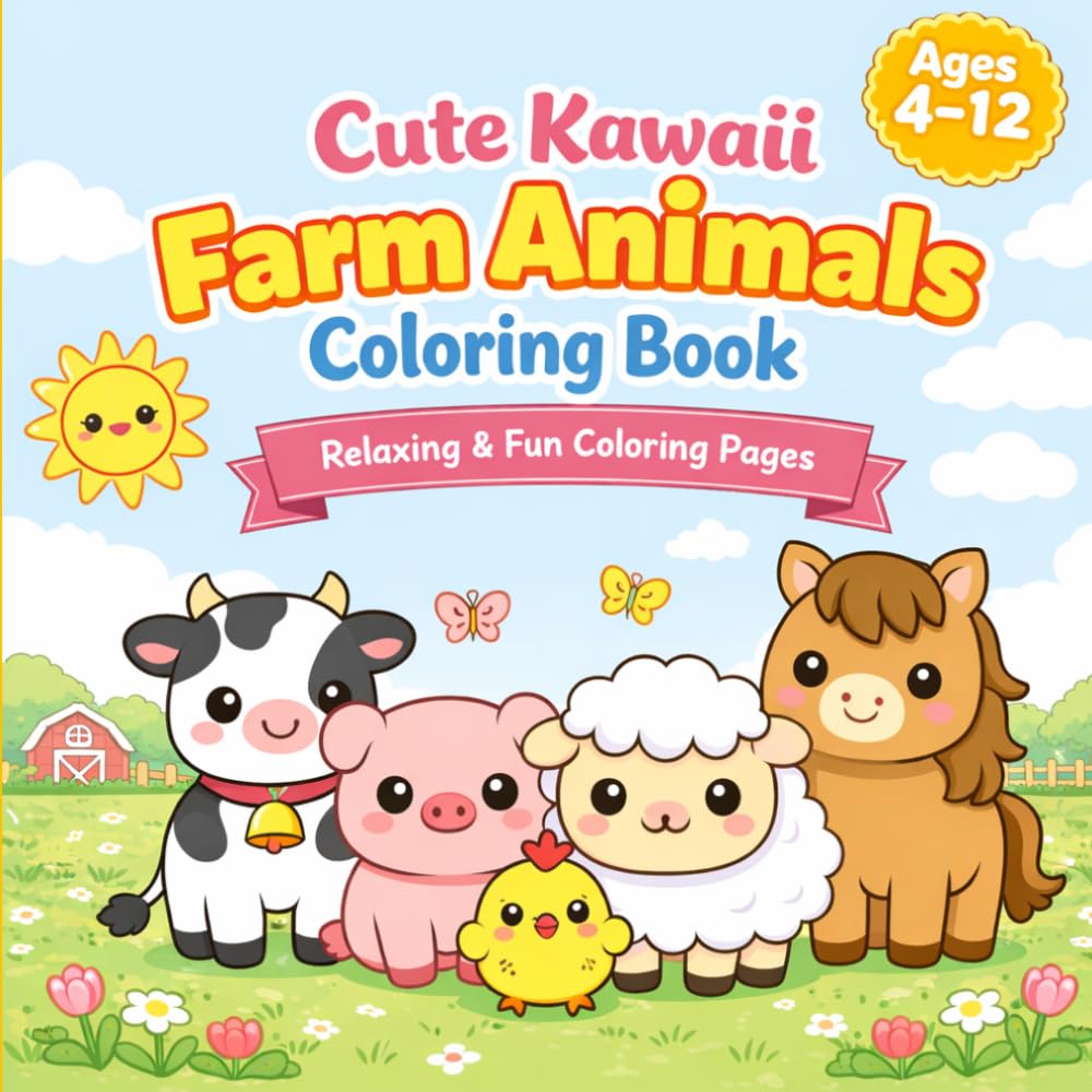 Cute Kawaii Farm Animals Coloring Book for Kids, Teens & Beginners: 45 Adorable & Relaxing Farm Animal Designs | Fun, Easy & Stress-Relief Coloring Pages